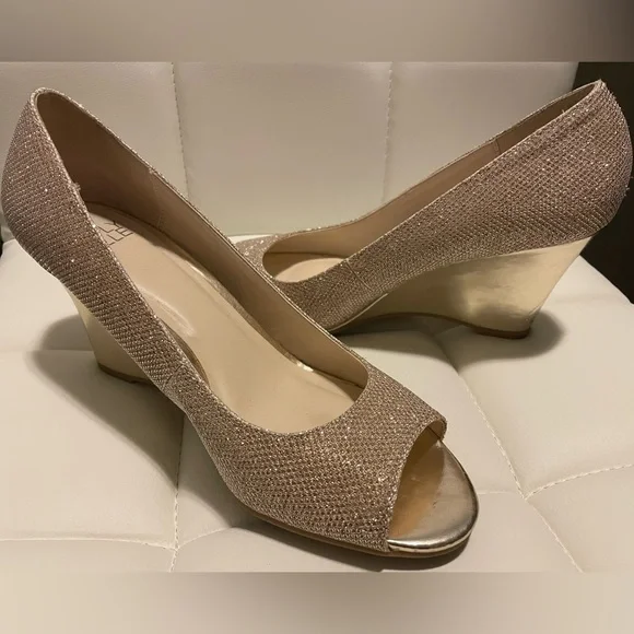 Simply Pelle Shoes Simply Pelle Gold Glitter Peep Toe Wedge Heels Poshmark